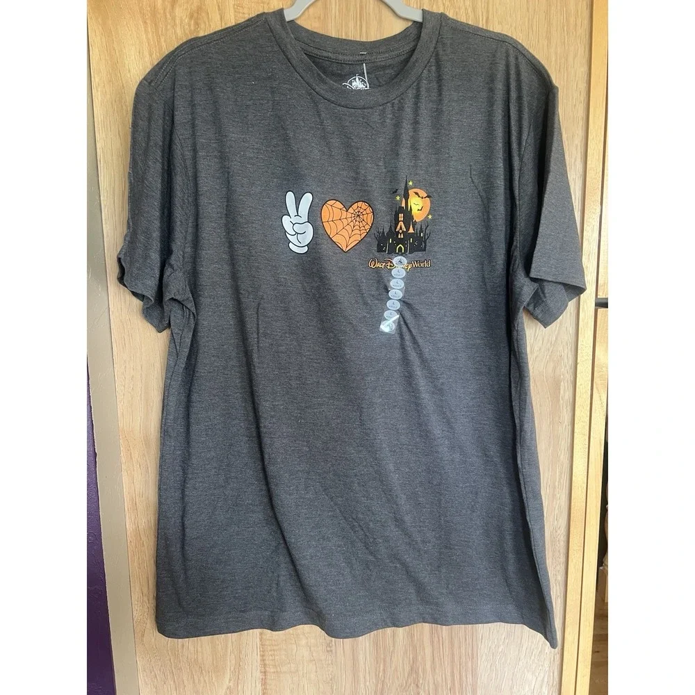 Walt Disney World Parks Halloween Peace Love Castle Gray Adult Shirt Medium NWT